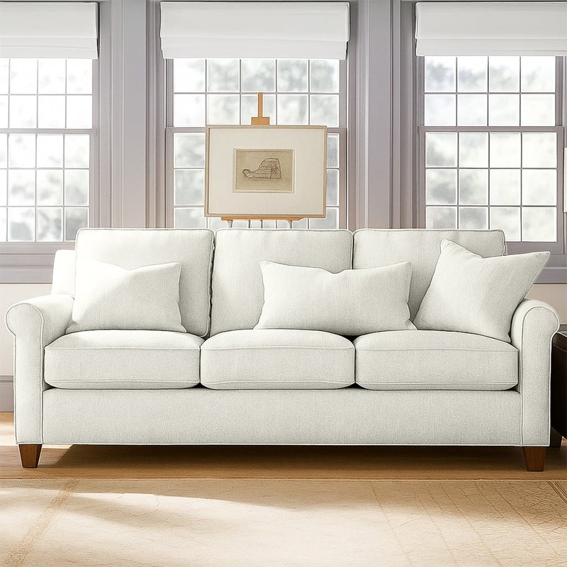 Malazhouse Natural Natural Wood and Linen Fabric 3 Seater Sofa - Off White - Image 1